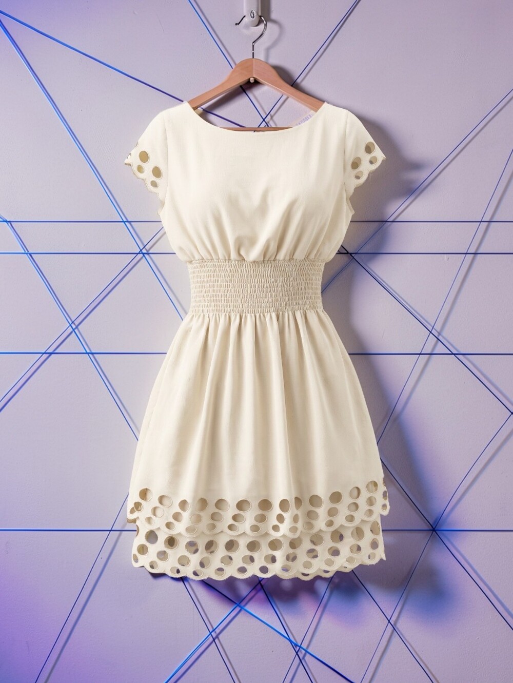 Elegant Cream Eyelet Hem Short Sleeve Dress Bohemian Eyelette Lace  Size S